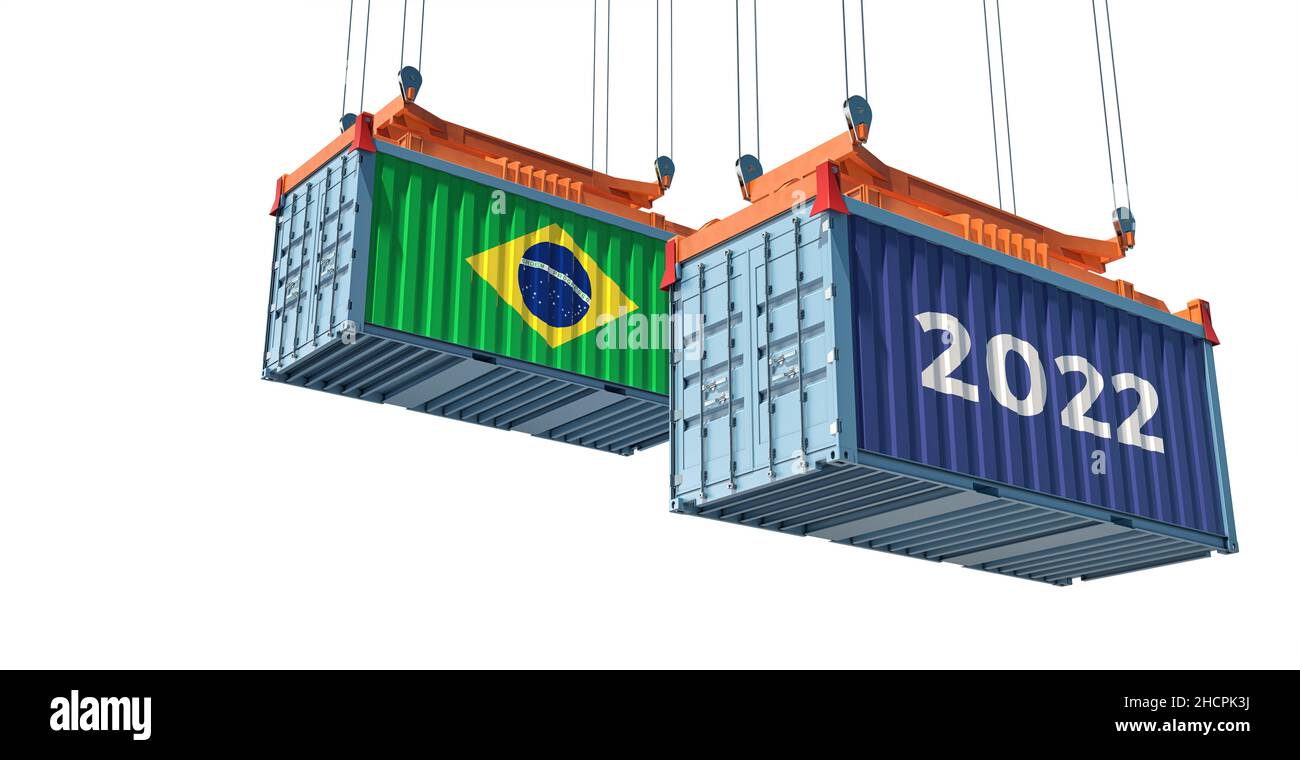 Comercio 2022. Contenedor de carga con bandera nacional de Brasil. 3D Representación Foto de stock