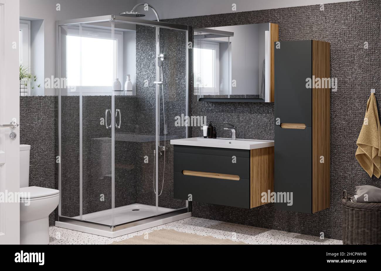 Un moderno diseño de baño con cabina de ducha y armario de baño. 3D  Procesar Fotografía de stock - Alamy