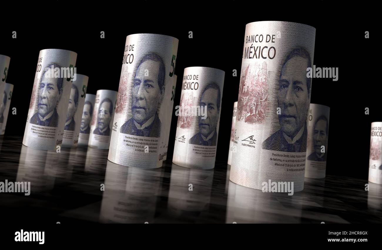 México Pesos giro postal 3D ilustración. Pilas de billetes MXN. Concepto de finanzas, efectivo