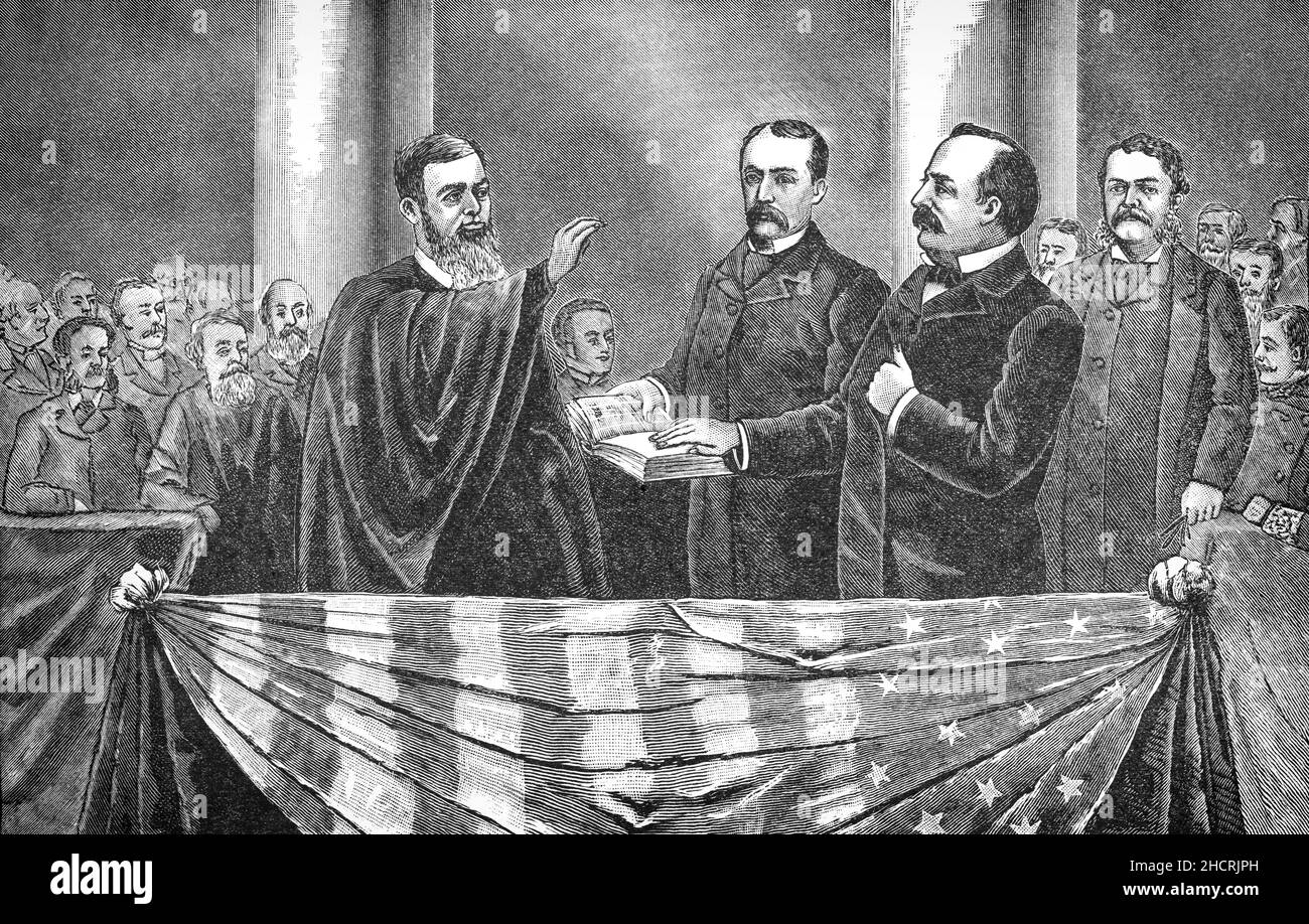 Ilustración de la 19th inaugeración de Stephen Grover Cleveland (1837-1908), abogado y político estadounidense que fue presidente de los Estados Unidos en 22nd y 24th de 1885 a 1889 y de 1893 a 1897. Cleveland es el único presidente en la historia de Estados Unidos en cumplir dos mandatos no consecutivos. Ganó el voto popular para tres elecciones presidenciales en 1884, 1888 y 1892, y fue uno de los dos demócratas (seguido por Woodrow Wilson en 1912) para ser elegido presidente durante la era de la dominación presidencial republicana que data de 1861 a 1933. Foto de stock