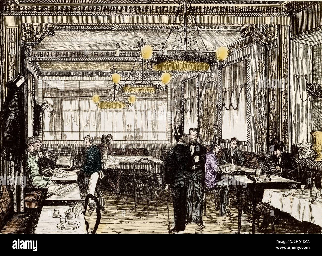 Vista de la cafetería Le Procope en la rue de l'Ancienne Comedie en París. Grabado del siglo 19th. Foto de stock