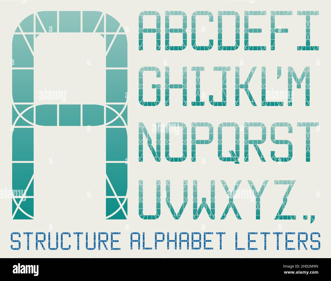 Alfabeto geométrico arquitectónico en color degradado con cuadrícula visible Ilustración del Vector