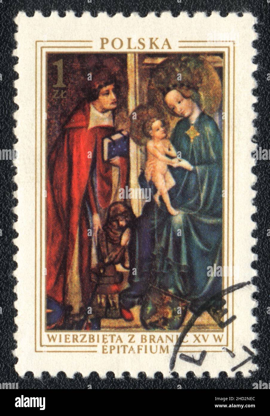 Un sello impreso en Polonia muestra Epitaph Virgen y Niño del siglo XV, alrededor de 1976 Foto de stock
