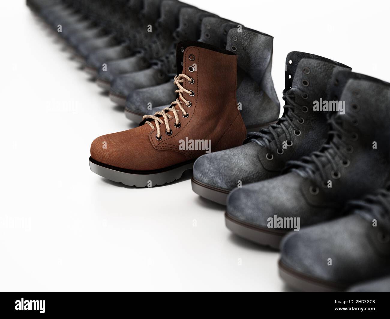 Las nuevas botas de ante destacan entre las antiguas botas usadas. Ilustración 3D. Foto de stock