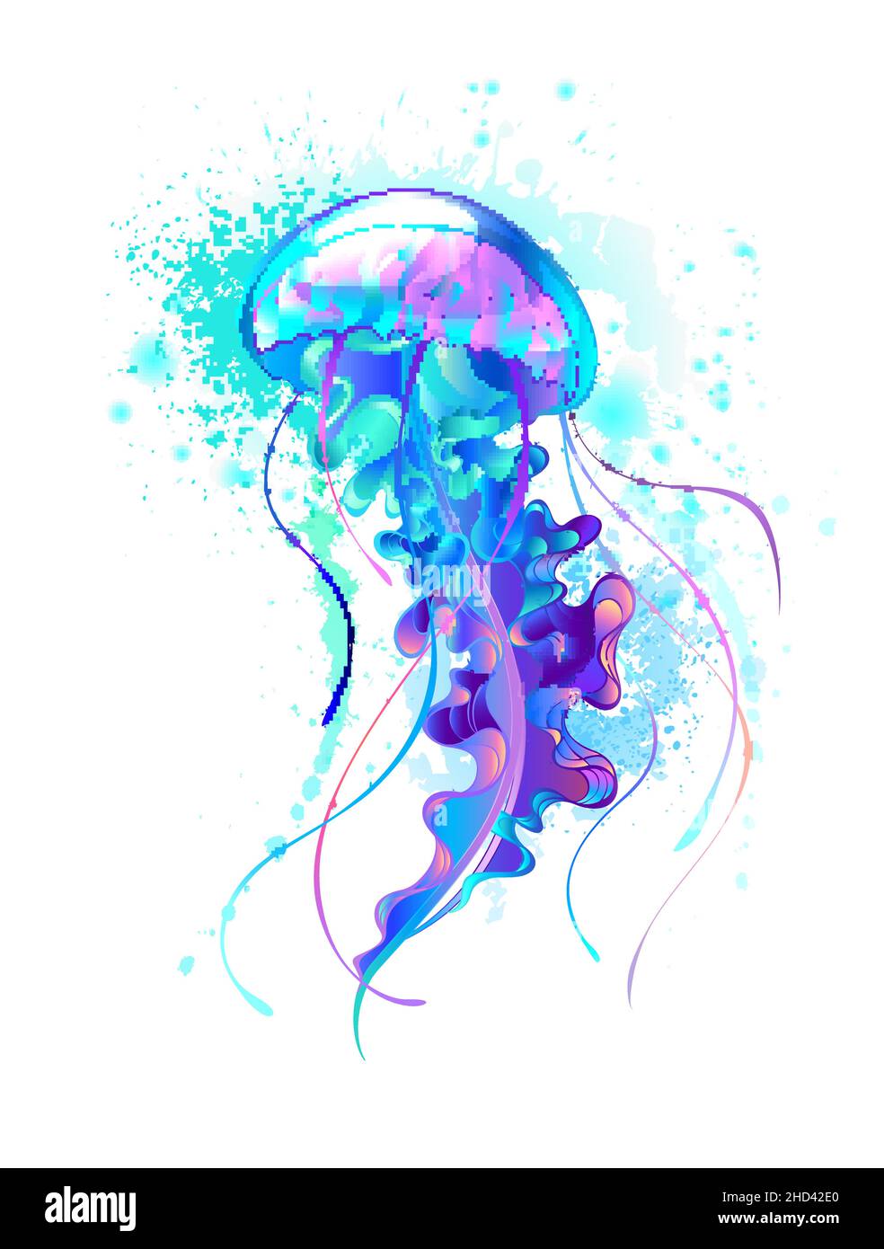 Grande, azul, artísticamente dibujado, medusas brillantes, con largo, tentáculos de color púrpura sobre fondo de acuarela blanco. Ilustración del Vector