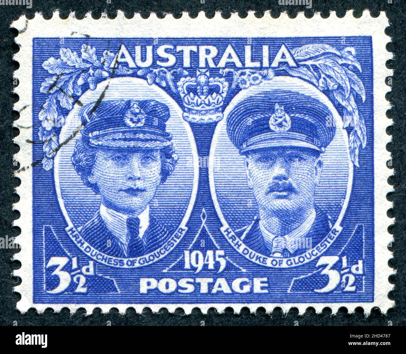 Un sello postal australiano de la edición 1945 3 1/2D con el duque y la duquesa de Gloucester. El Príncipe Enrique, Duque de Gloucester, fue Gobernador General de Australia del 30 de enero de 1945 al 11 de marzo de 1947. El sello fue diseñado y grabado por Frank D. Manley. Foto de stock