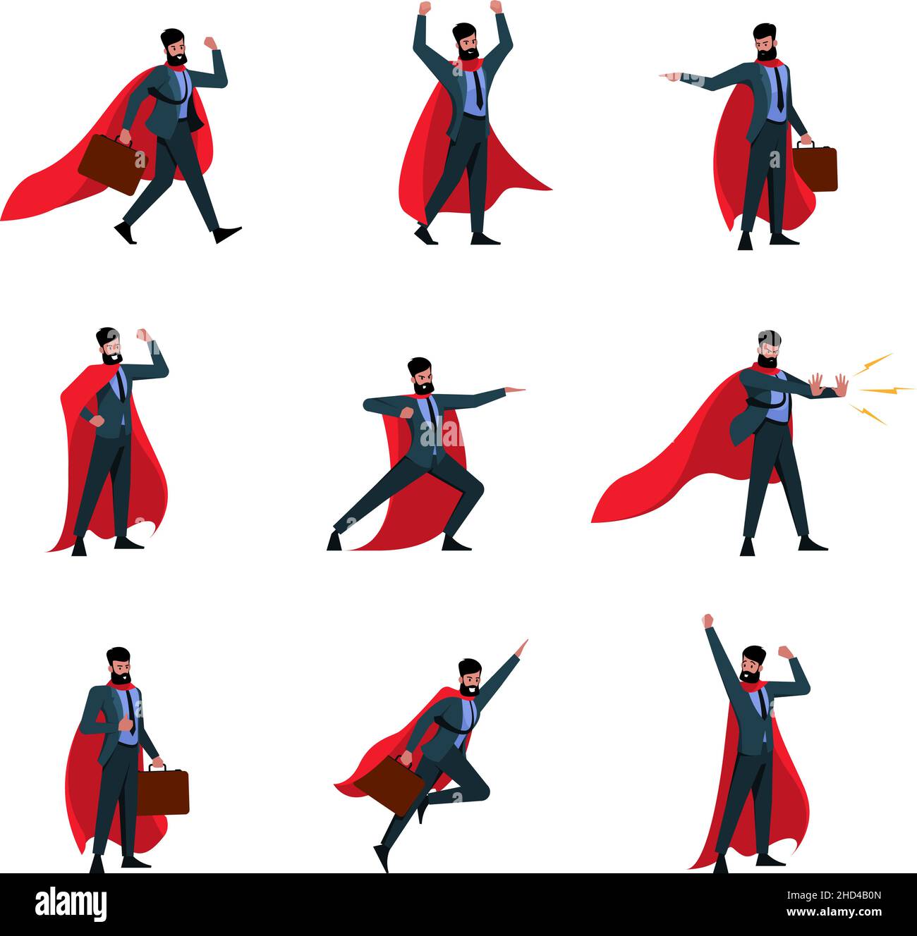Héroes de negocios. Hombre volador en rojo cabo de la acción de poder plantea de los personajes de hombre de negocios garish ilustraciones de vectores en estilo de dibujos animados aislado Ilustración del Vector