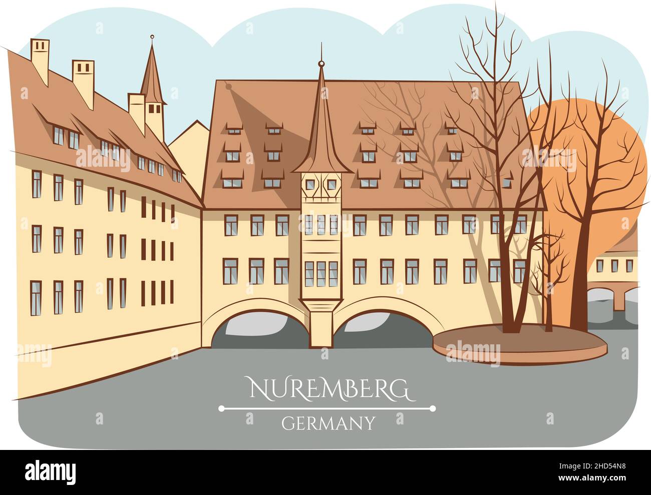 Casa medieval con muchas ventanas y campanario en Nuremberg, Alemania. Arquitectura tradicional alemana. Ilustración vectorial. Ilustración del Vector