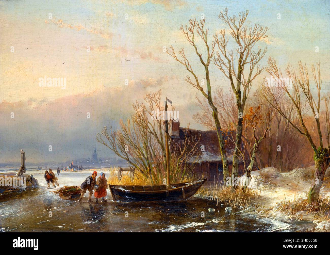 Escena invernal sobre el hielo con recolectores de madera del artista holandés Andreas Schelfhout (1787–1870), óleo sobre panel, 1849 Foto de stock
