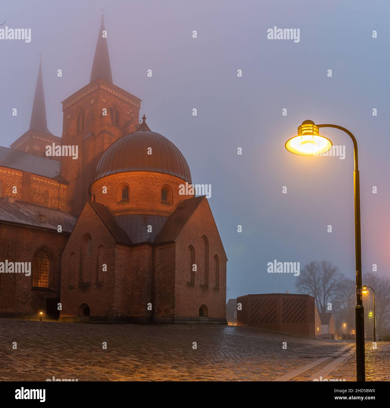 La catedral de Roskilde y un farol en una noche de invierno brumosa, Roskilde, Dinamarca, 1 de enero de 2022 Foto de stock