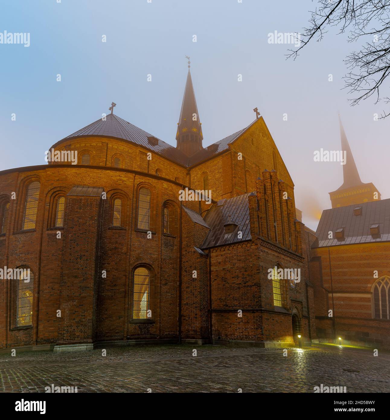 Las agujas de la Catedral de Rooskilde contra el cielo brumoso una fría noche de invierno, Roskilde, Dinamarca, 1 de enero de 2022 Foto de stock