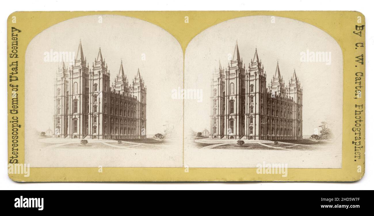 Fotografía de estéreo del siglo 19th de la vendimia: Impresión del artista del templo mormón, Salt Lake City Utah, contructed en la década de 1890. Foto de stock