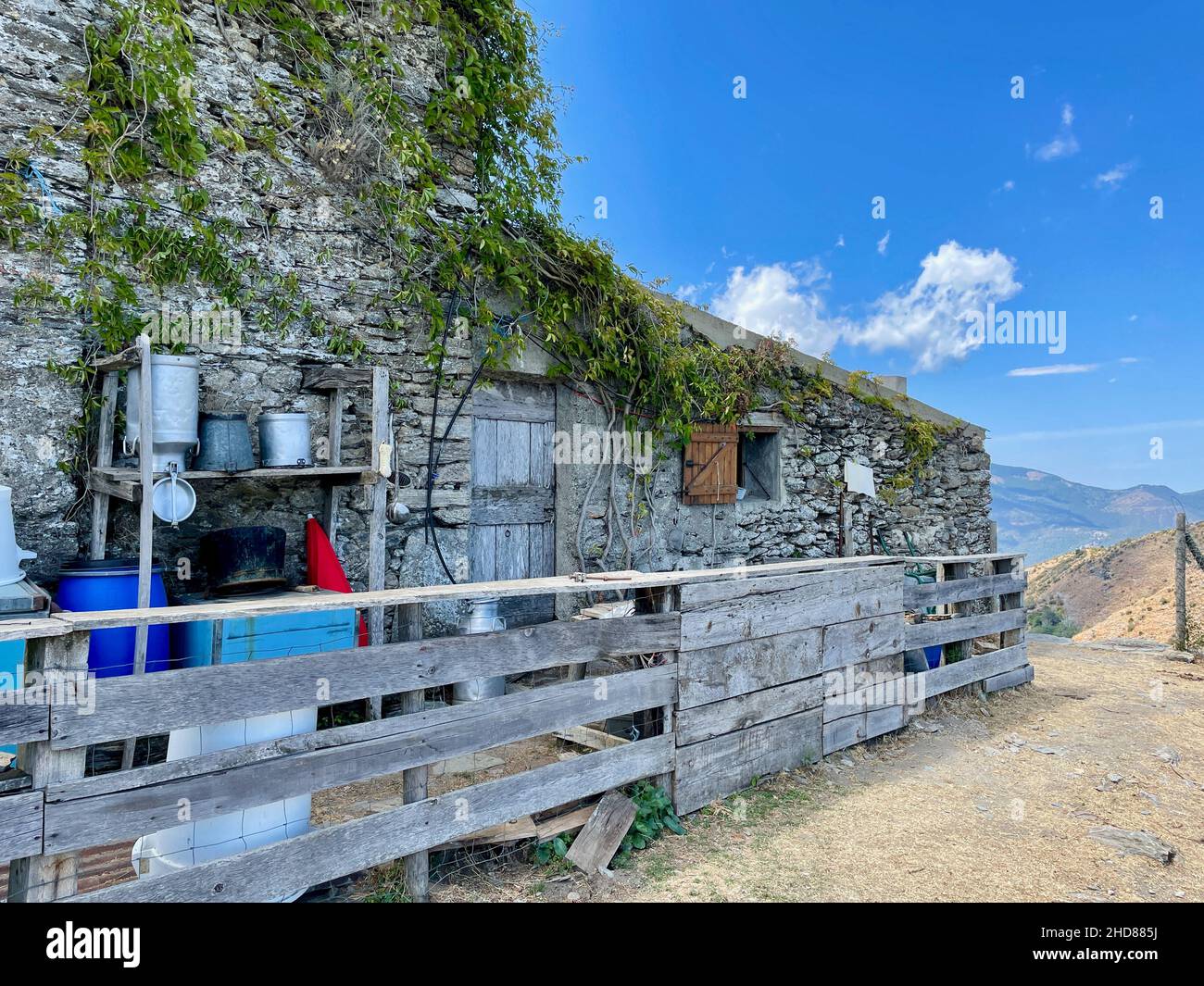 Fachada de piedra de Bergerie San Bertuli, lata de leche y utensilios para la producción de queso. Monacia-d'Orezza. Castagniccia, Córcega. Foto de stock