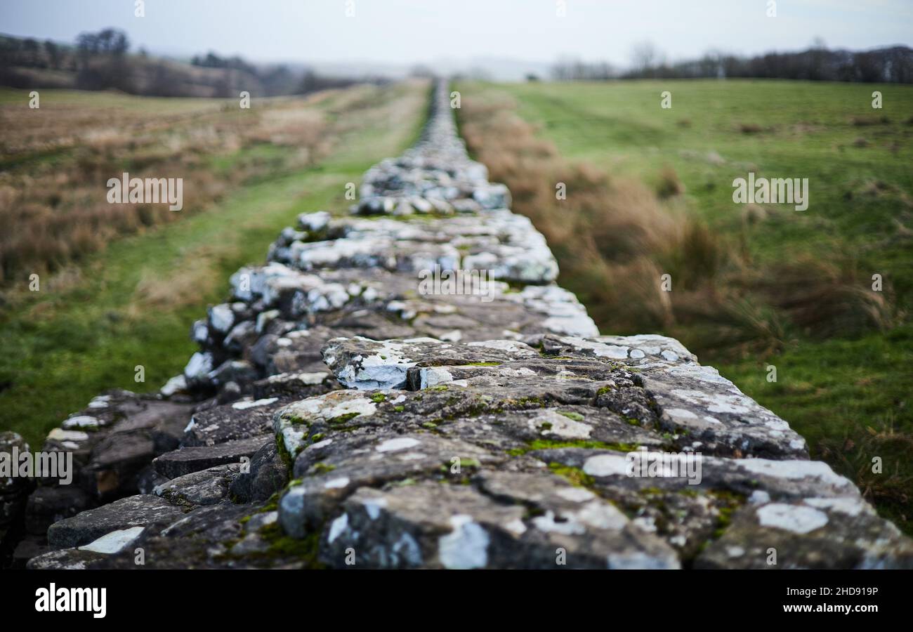 El Muro de Adriano, un impresionante muro construido a lo largo de la cima de Inglaterra por los romanos Foto de stock