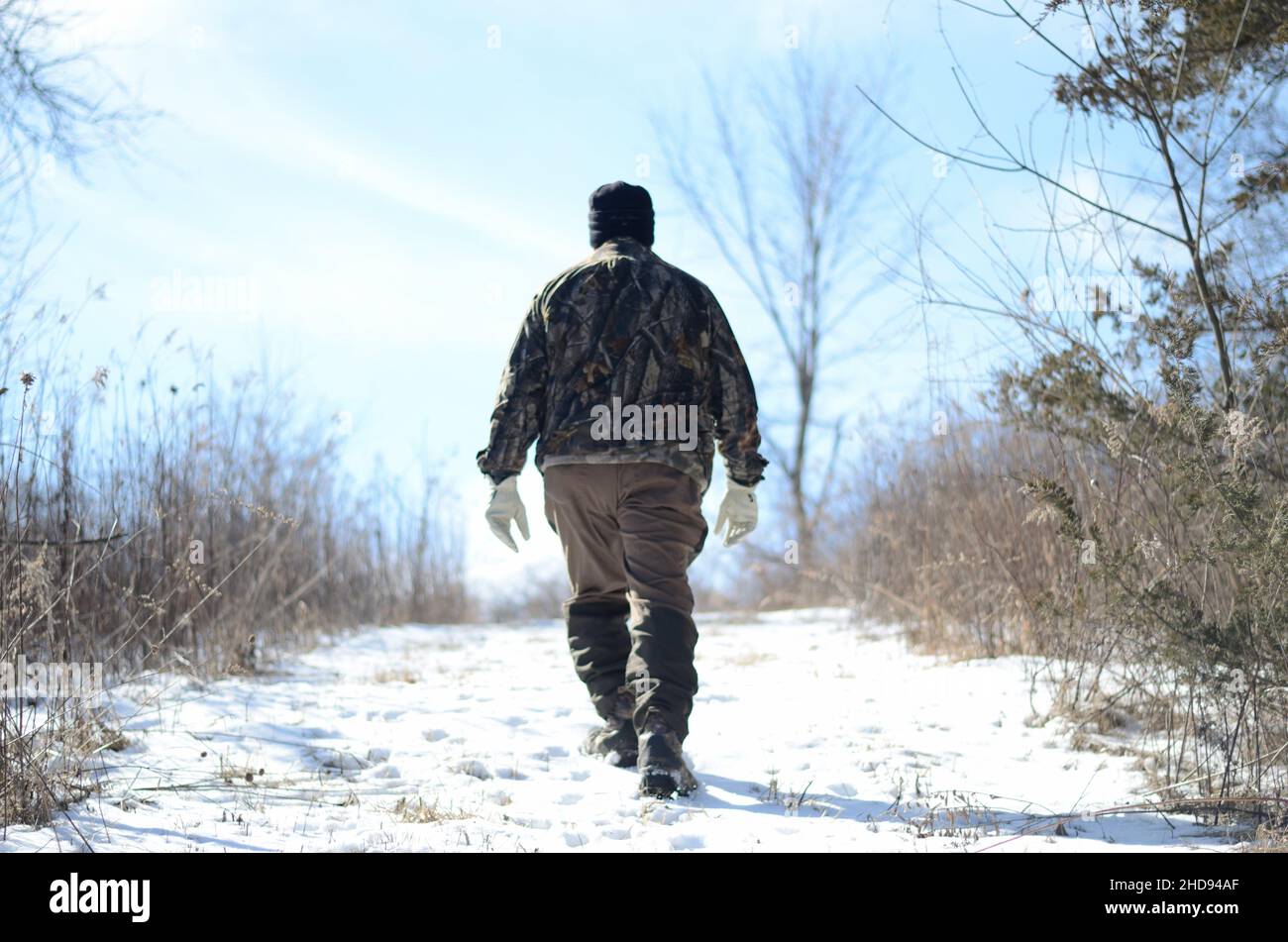 Hombre adulto con un abrigo grueso con guantes y caminando en un campo cubierto por la nieve Foto de stock