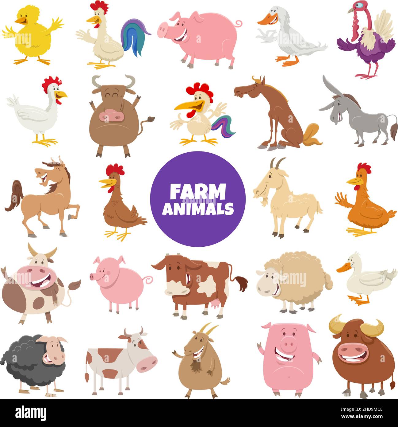 Ilustración de dibujos animados de divertidos personajes de animales de  granja gran conjunto Imagen Vector de stock - Alamy