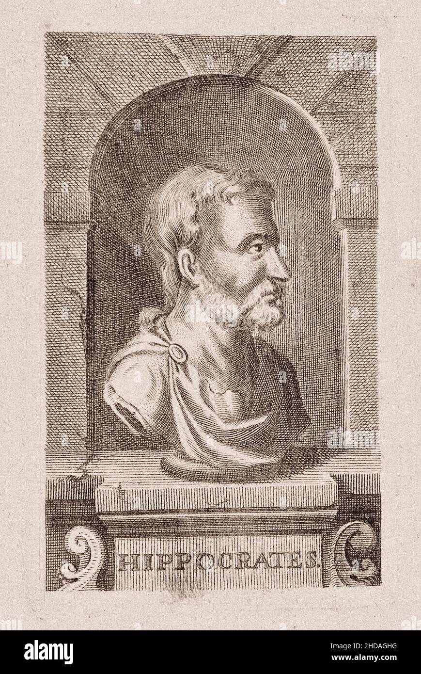 El grabado del siglo 17th de Hipócrates de Kos. Hipócrates de Kos (c. 460 – c. 370 aC), también conocido como Hipócrates II, era un médico griego de la Foto de stock