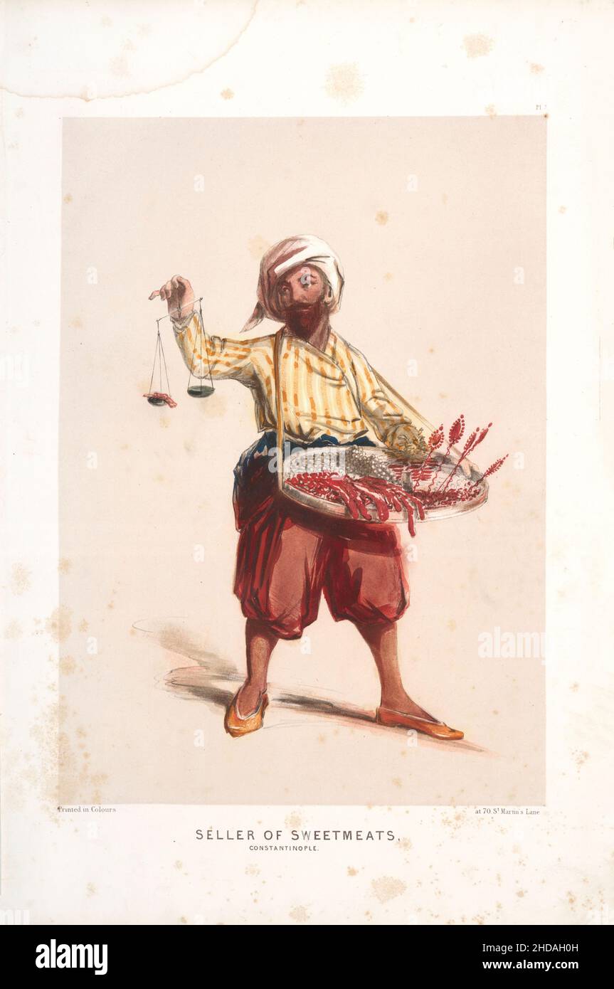 Litografía de color vintage del Imperio Otomano: Vendedor de carnes dulces, Constantinopla 1854, por Forbes Mac Bean (artista) y Justin Sutcliffe (litógrafo) Foto de stock