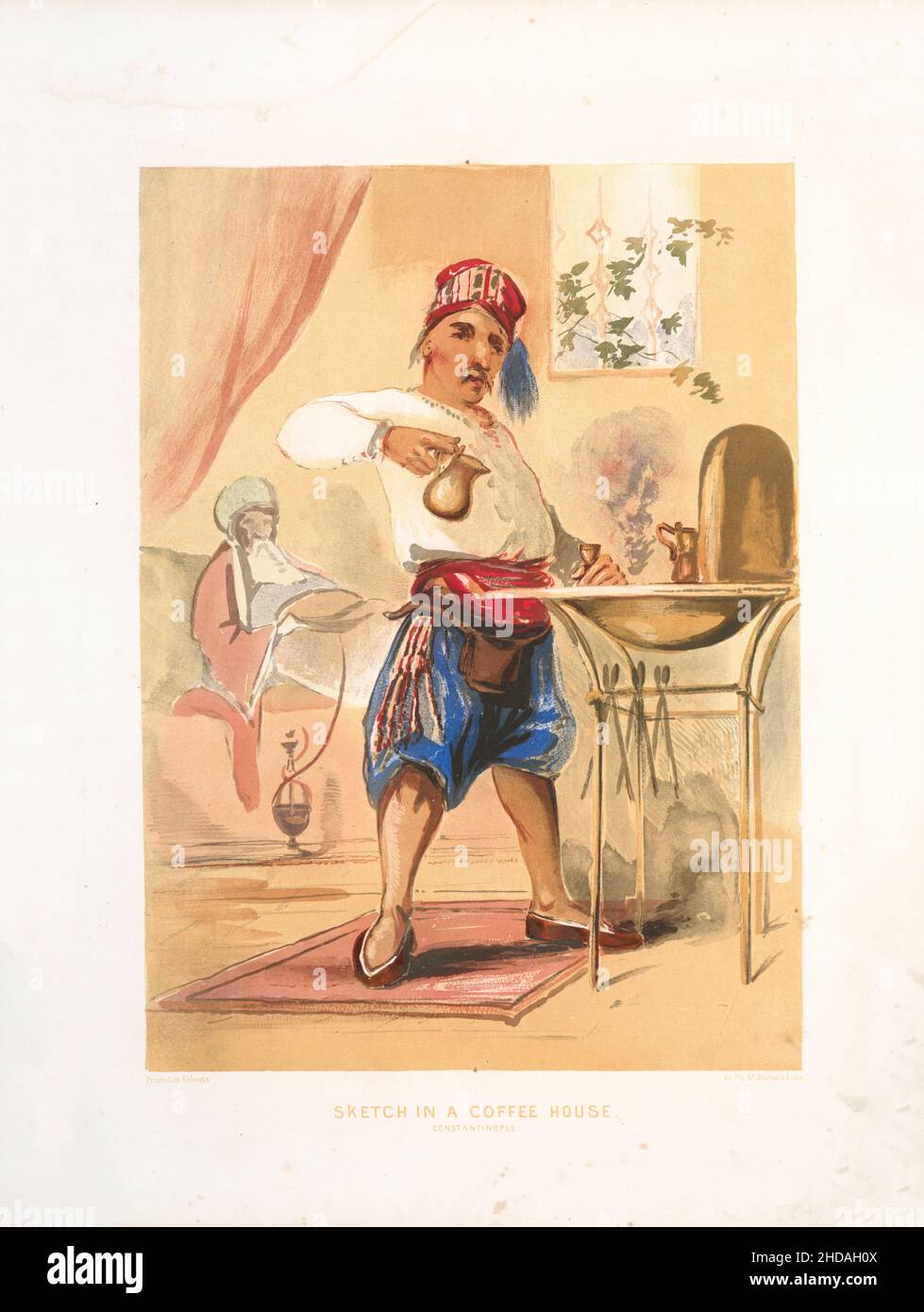 Litografía de color vintage del Imperio Otomano: Bosquejo en una Casa de Café, Constantinopla 1854, por Forbes Mac Bean (Artista) y Justin Sutcliffe (Lithograf Foto de stock