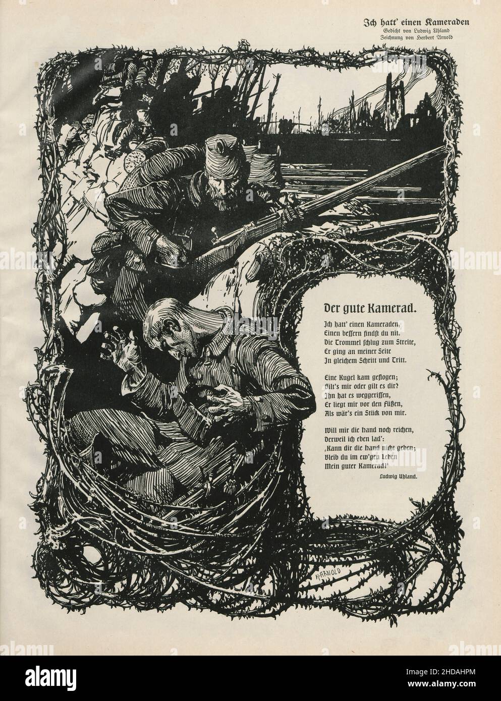 Período de la Primera Guerra Mundial. Ilustración de propaganda patriótica alemana de época con el verso de Ludwig Uhland (1787–1862) 'Der Gute Kamerad' (buen camarada). Alemán Foto de stock