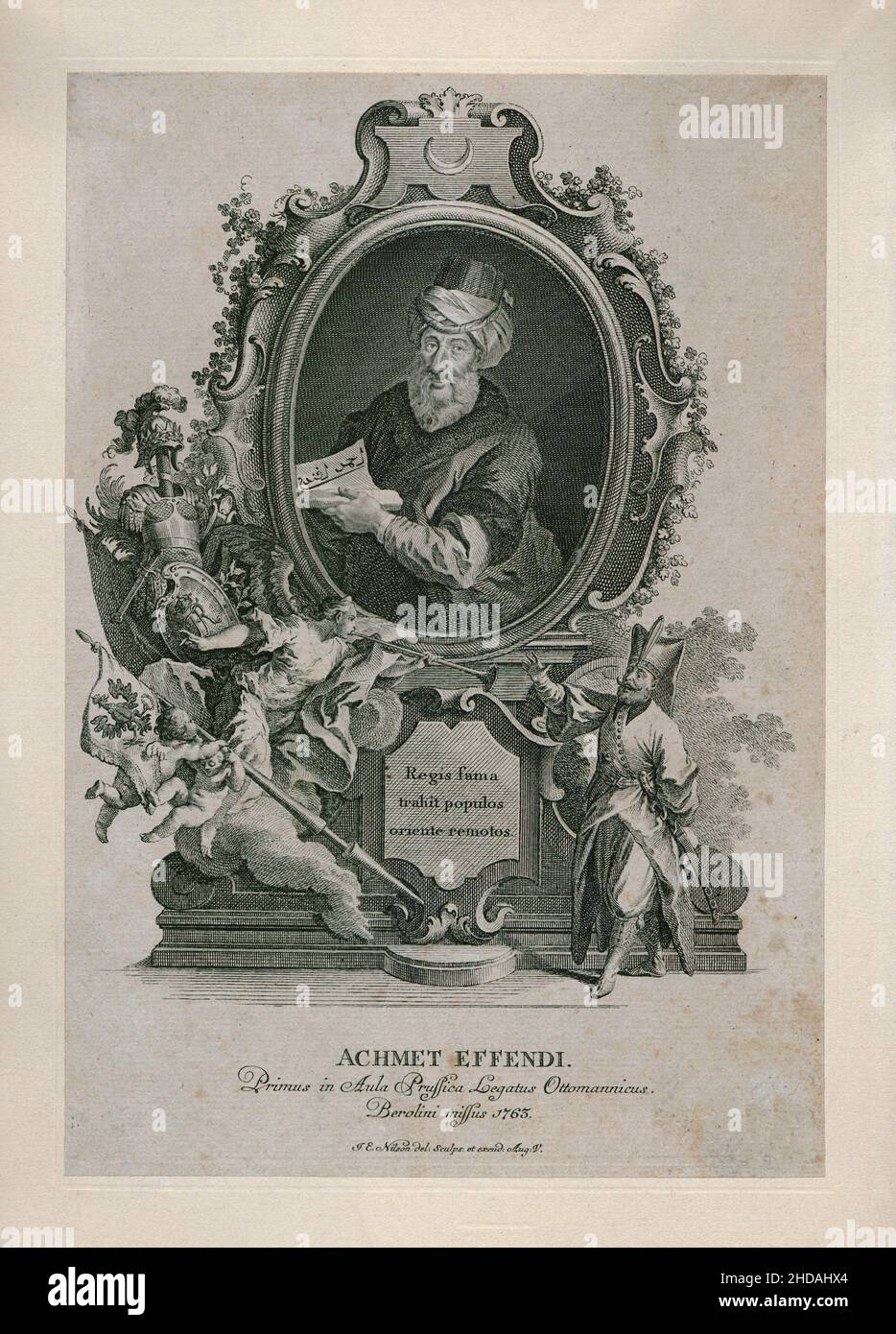 Grabado de Achmet Effendi: El primer Embajador del Imperio Otomano en el Salón Prusiano ... , 1763 Un estadista turco. El Ministro de la E otomana Foto de stock