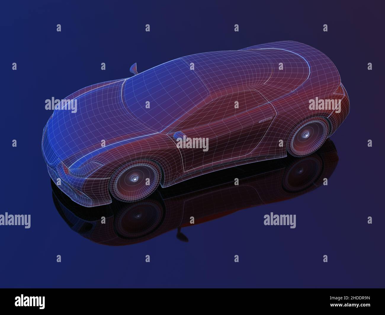 Concepto de Blueprint de coche deportivo fabricado en software 3D. Imagen conceptual de prototipos y ensayos aerodinámicos. Ruta de recorte incluida. Foto de stock