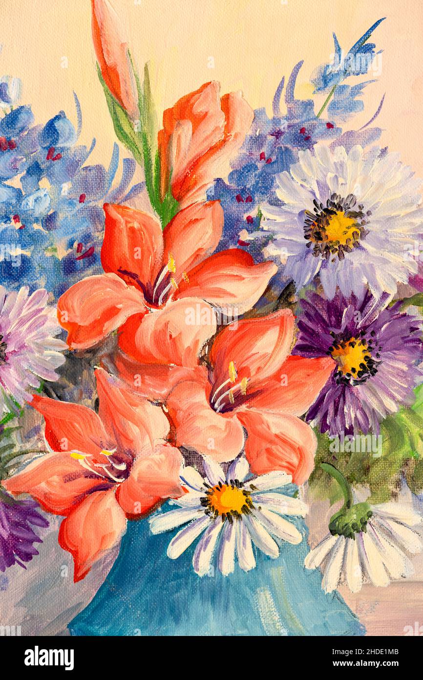Detalle de la vida fija pintura al óleo hecha a mano que representa flores  sobre lienzo, estilo impresionismo Fotografía de stock - Alamy