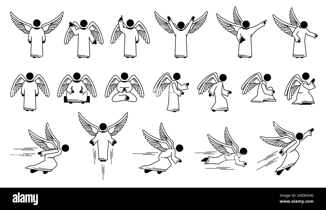 Dios ángel posturas básicas y acciones diseños de carácter palo figura pictograma iconos. Las ilustraciones vectoriales representan un conjunto de ángeles con diferentes poses, po Ilustración del Vector