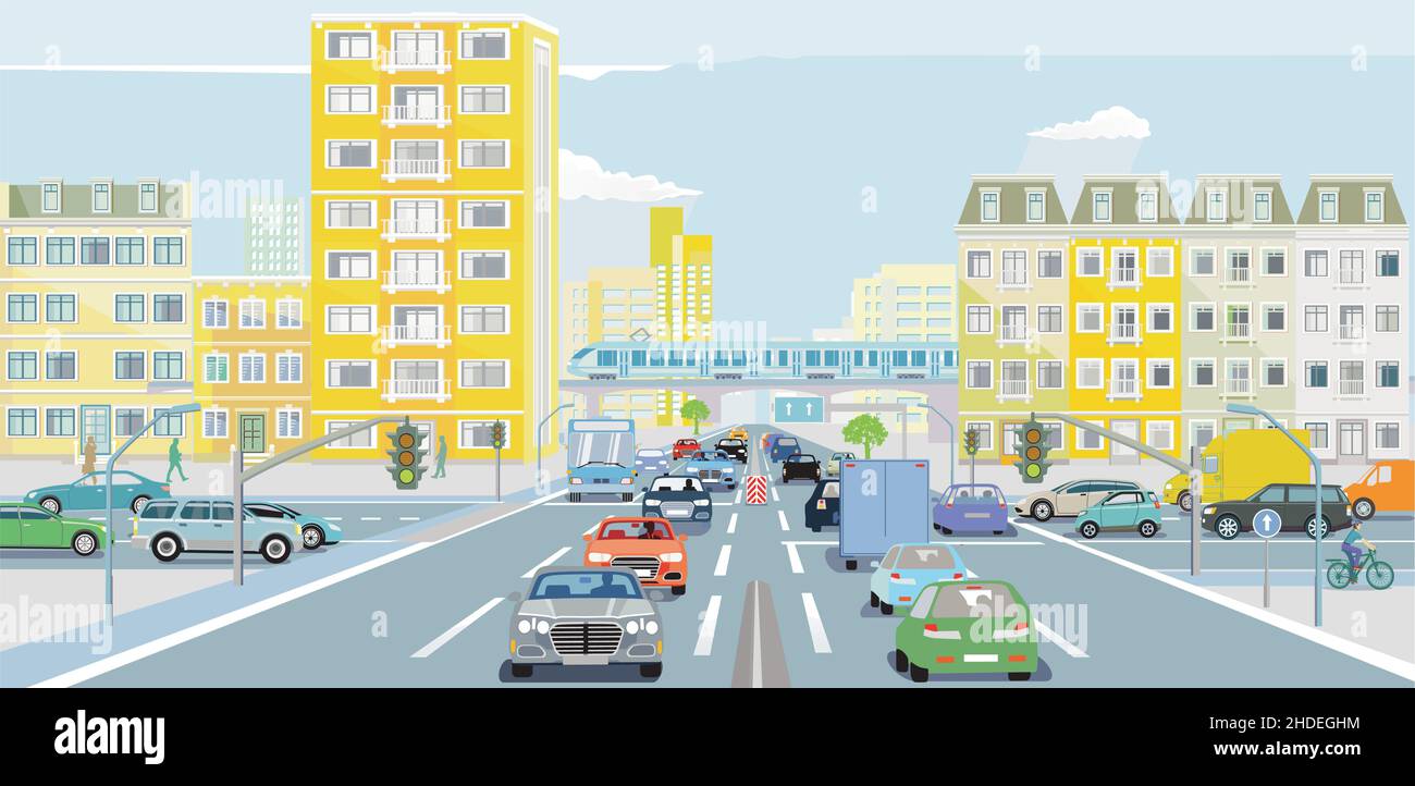 Gran ciudad con tráfico por carretera y transporte público, ilustración Ilustración del Vector