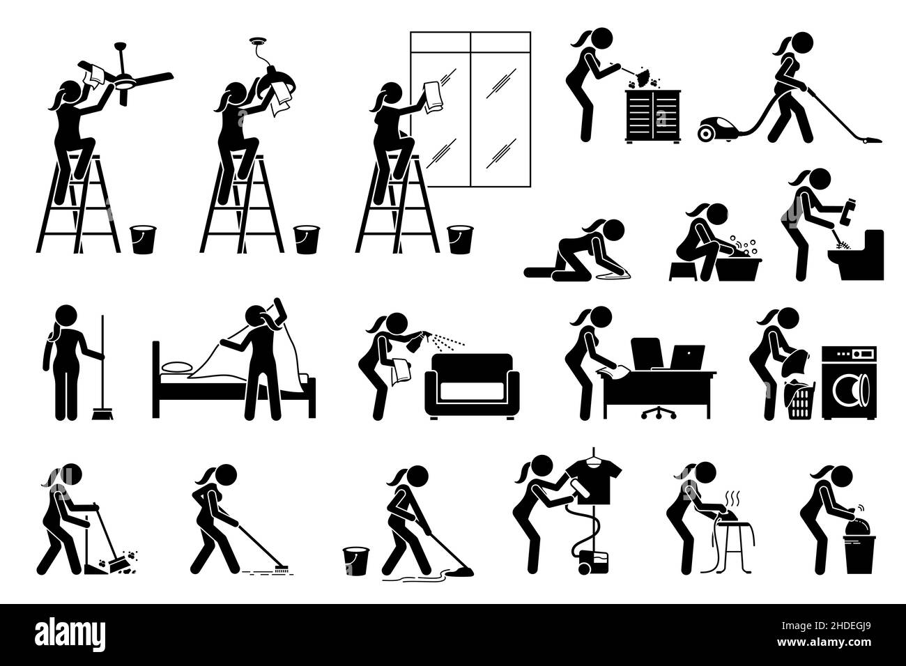 Mujer limpiando casa de limpieza en estado de teñido. Las ilustraciones