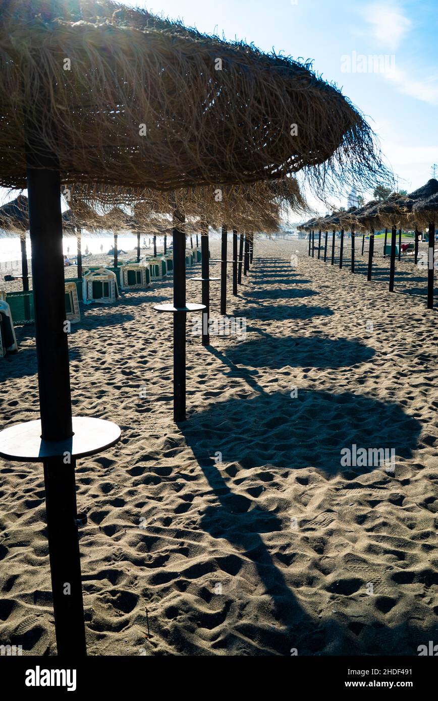 Sombrillas en la playa de Málaga. Málaga. Andalucía. España Foto de stock