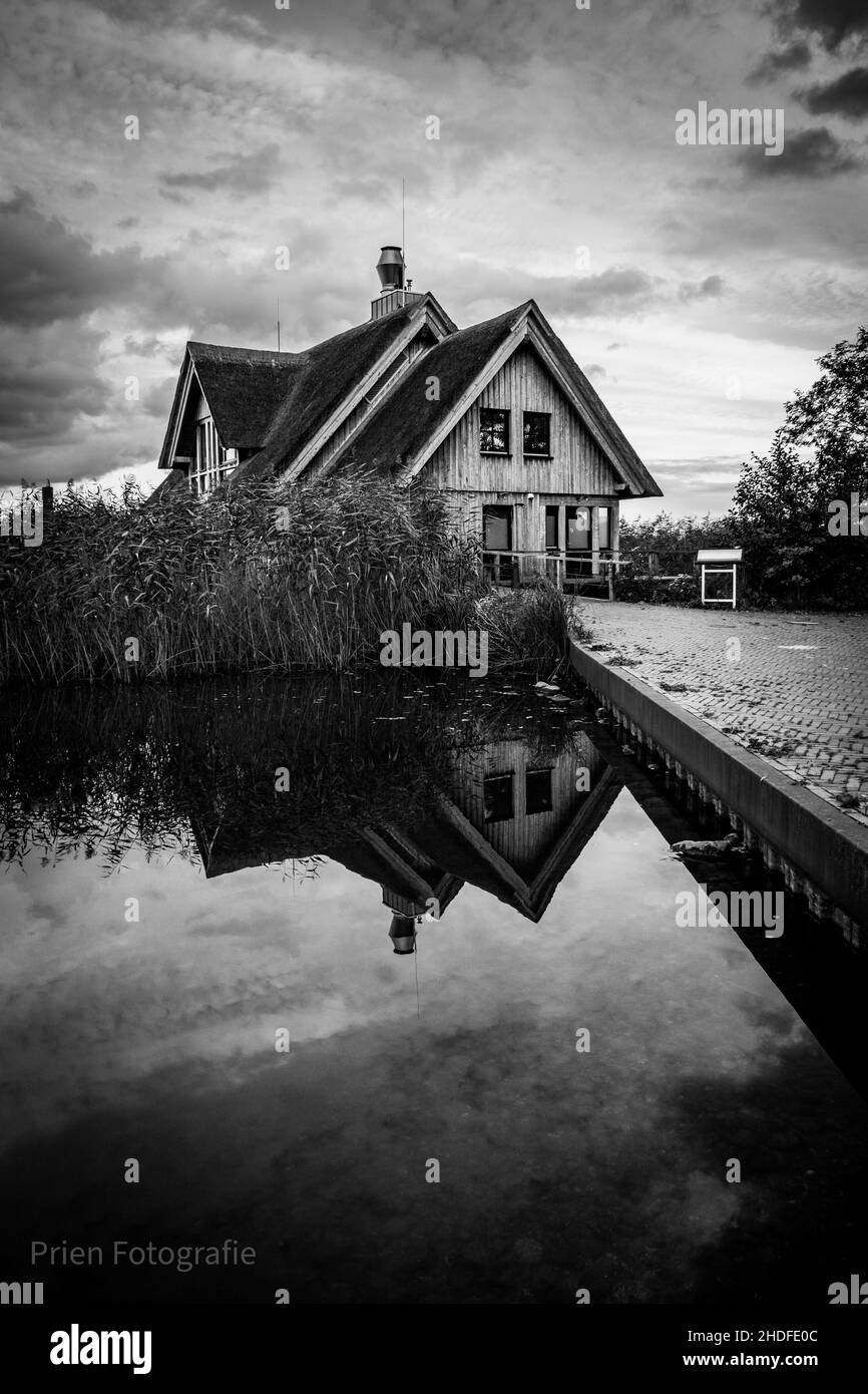 Captura en escala de grises de una casa de madera con lago en primer plano Foto de stock