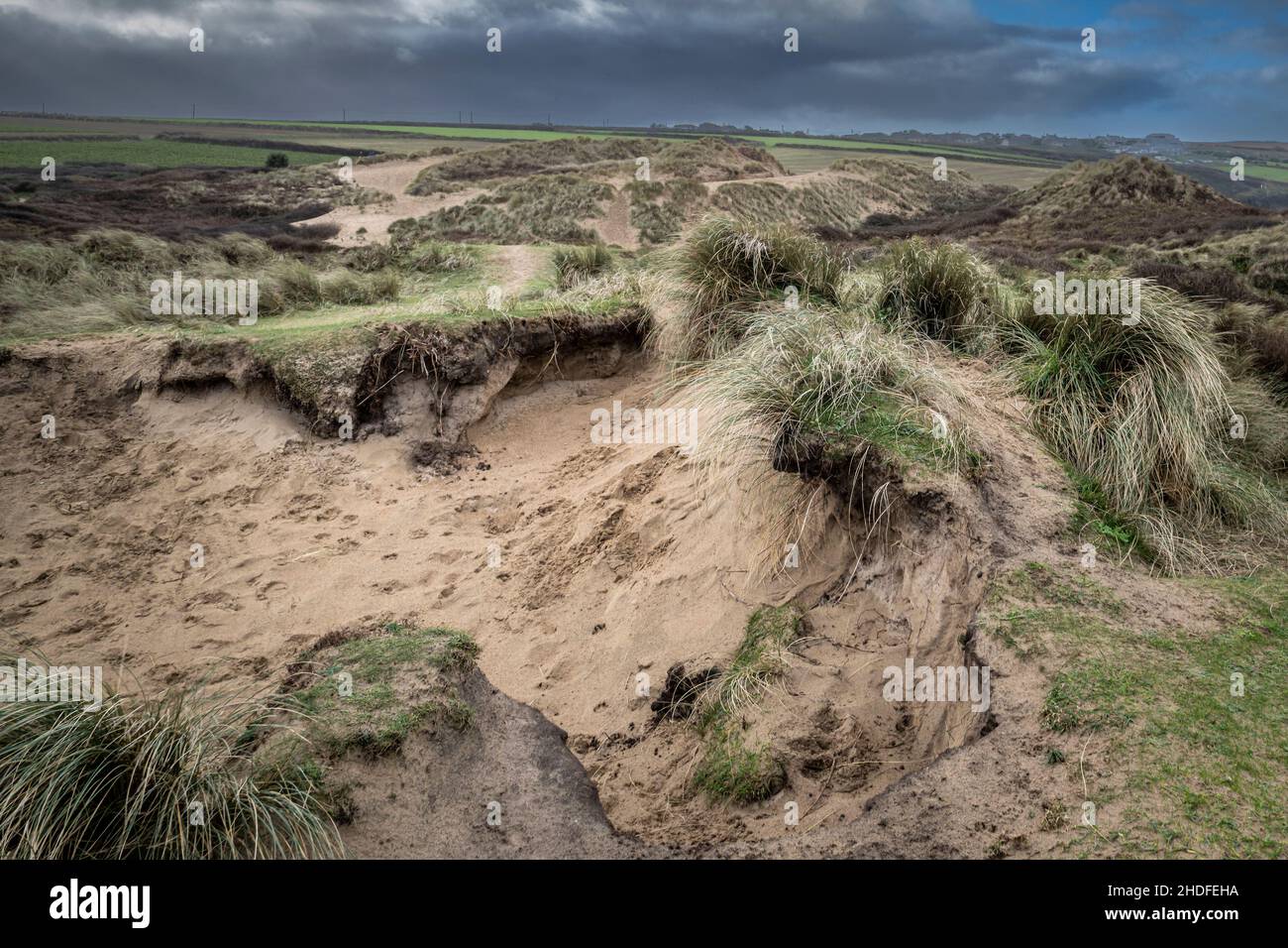 Daños graves causados por la actividad humana al frágil y delicado sistema de dunas de arena en Crantock Beach en Newquay, en Cornwall. Foto de stock