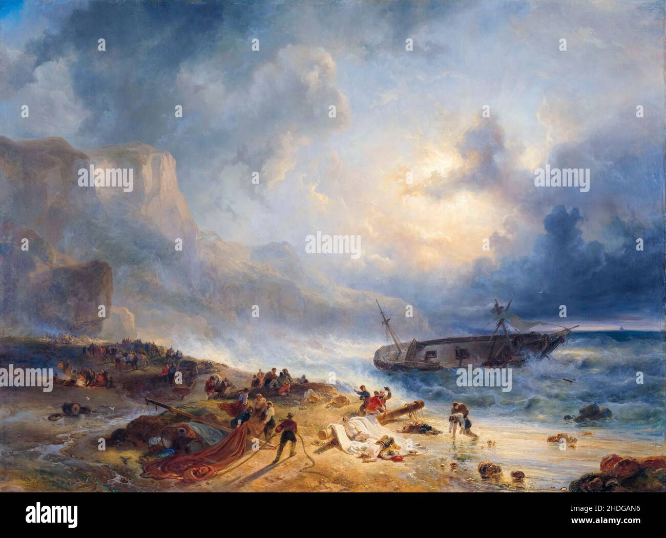 Pintura Wijnand Nuijen, naufragio en una costa rocosa, alrededor de 1837 Foto de stock