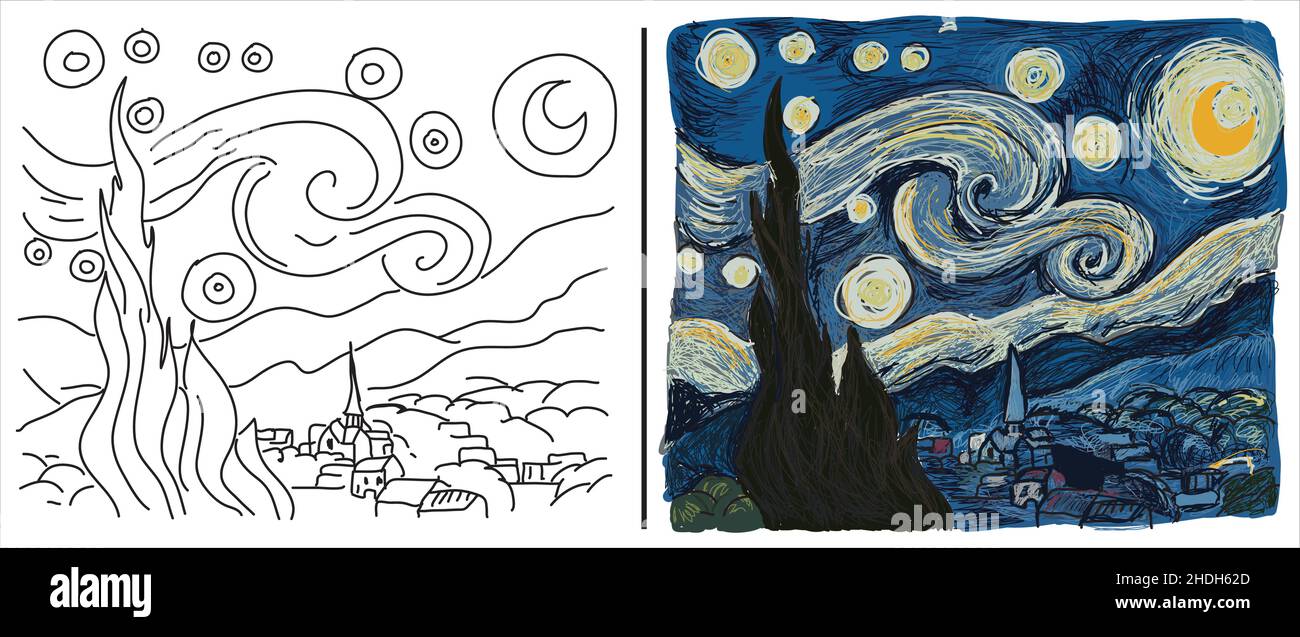Página para colorear con "la noche estrellada" basada en la pintura de Vincent  van Gogh Imagen Vector de stock - Alamy
