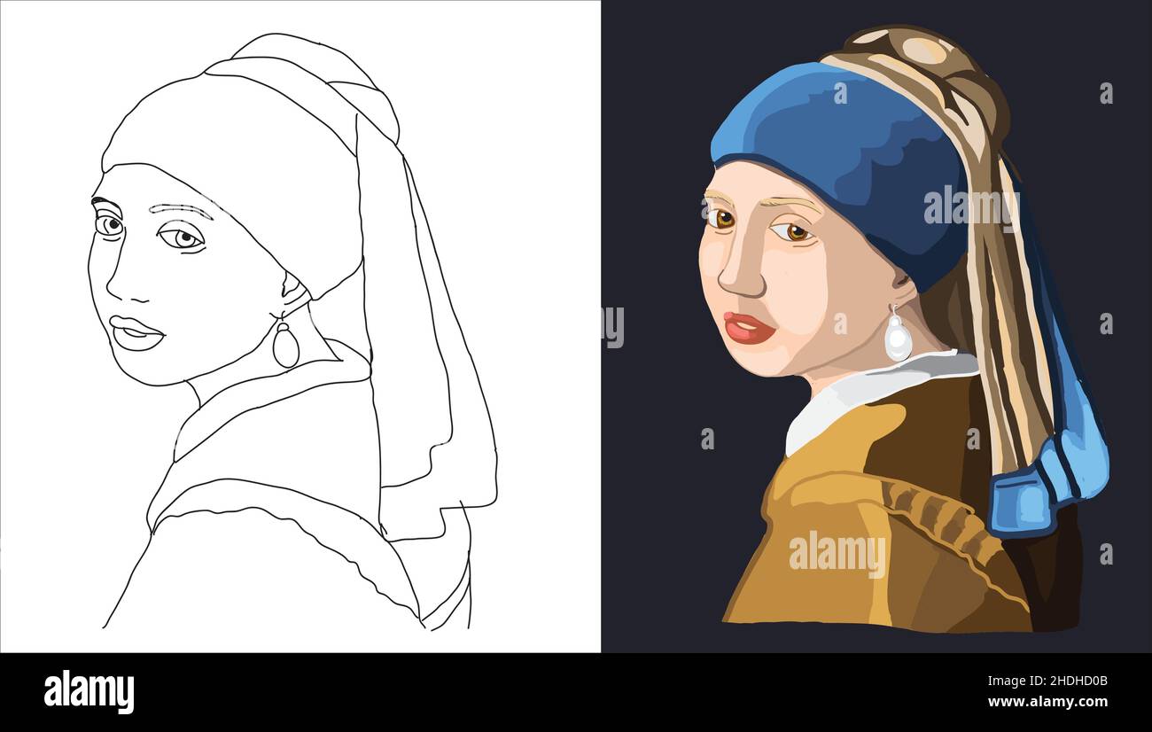 The Girl with A Pearl Earring' Johannes Vermeer vector dibujado a mano. La  chica con una pendiente de perlas Imagen Vector de stock - Alamy
