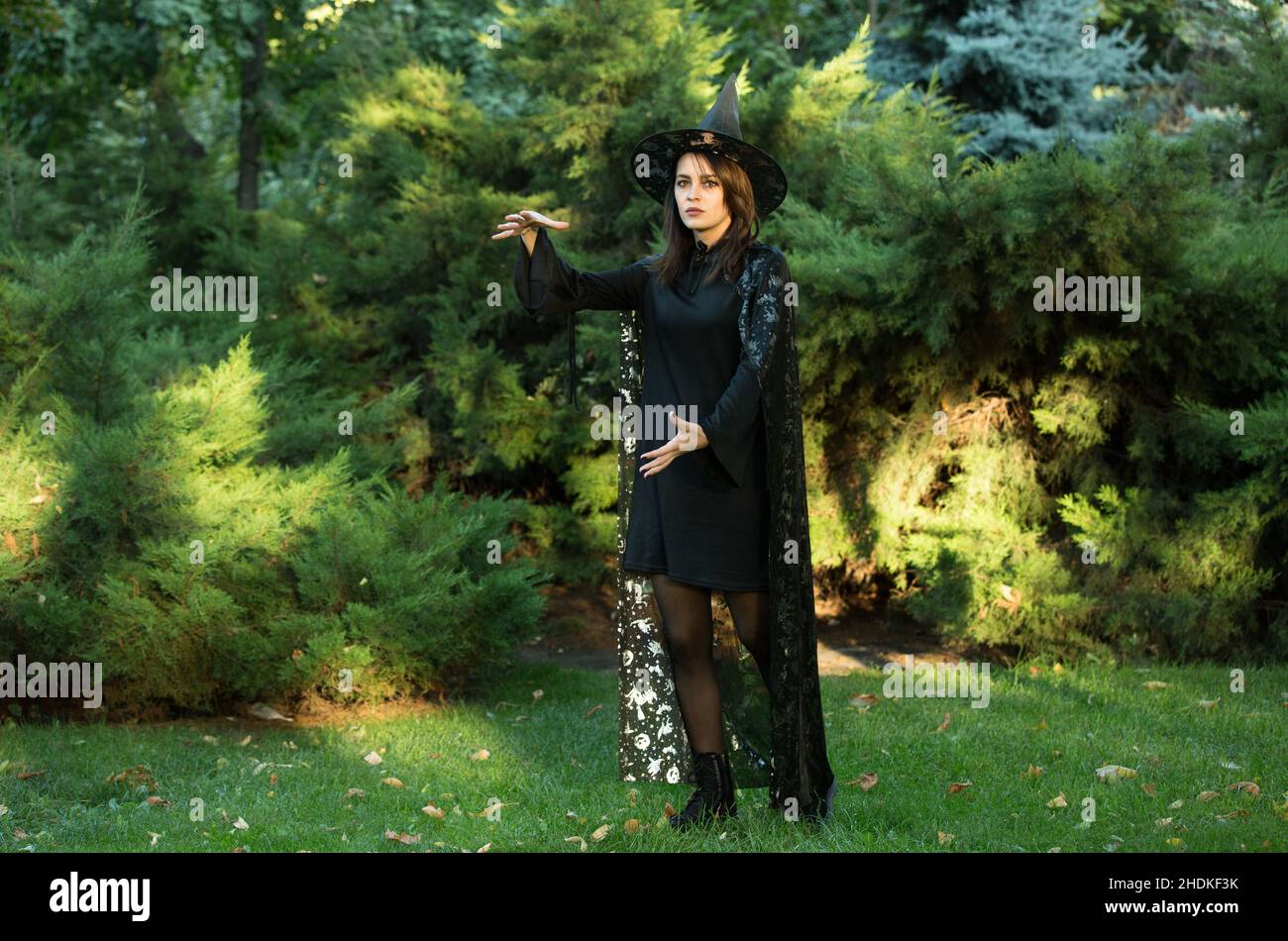 Retrato de una joven atractiva con un vestido negro con una capa sobre un fondo de bosque verde. La chica está usando un sombrero negro puntiagudo con ancho Foto de stock