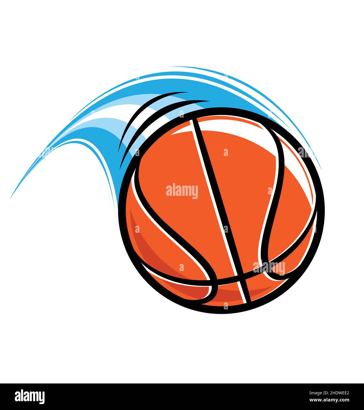 rápido vuelo de baloncesto naranja en movimiento con raya azul aislado sobre fondo blanco Ilustración del Vector