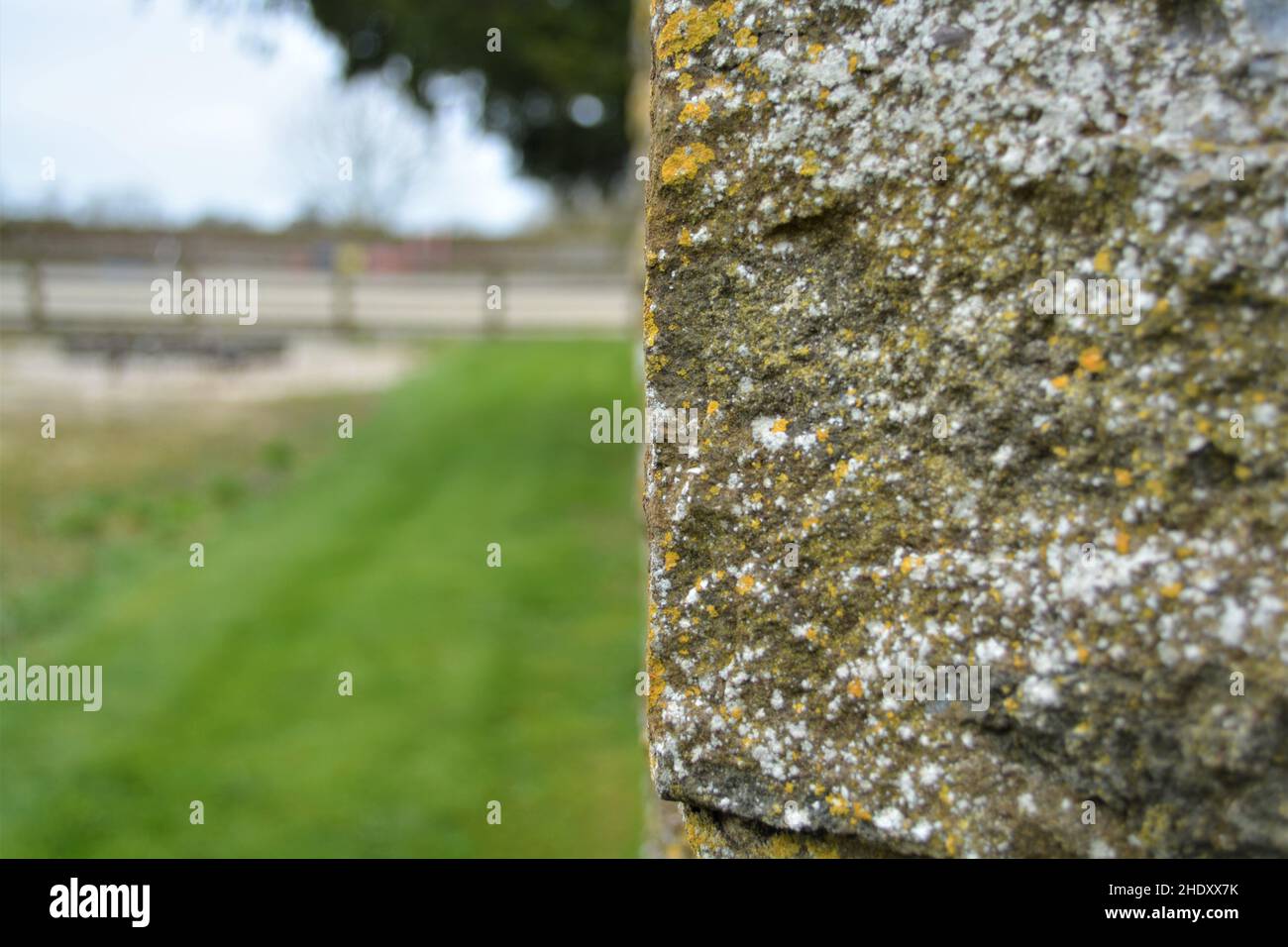 Pared de piedra texturizada frente a la escena del campo. Foto de stock