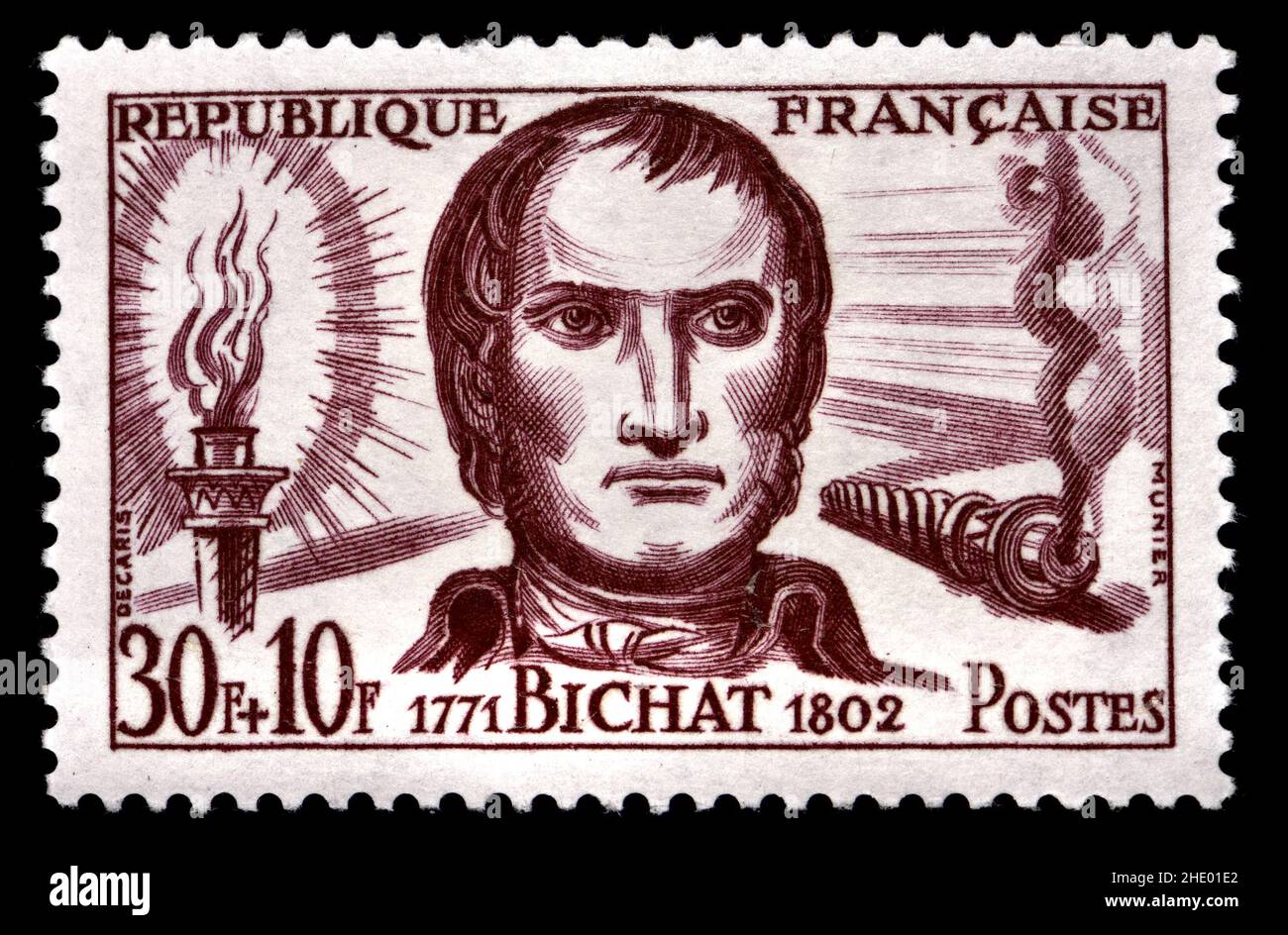 Sello postal francés (1959) : Marie François Xavier Bichat (1771 – 1802) Anatomista y patólogo francés, conocido como el padre de la histología moderna Foto de stock