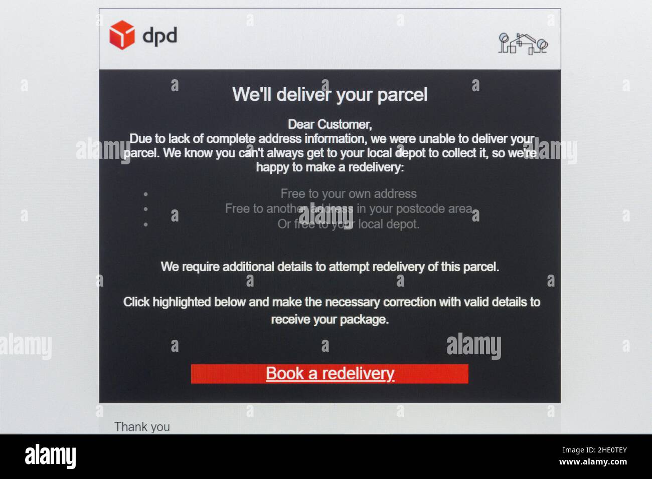 Scam email - nosotros entregaremos su paquete, DPD fraudulento phishing mensaje de correo electrónico pidiendo datos personales, Reino Unido Foto de stock