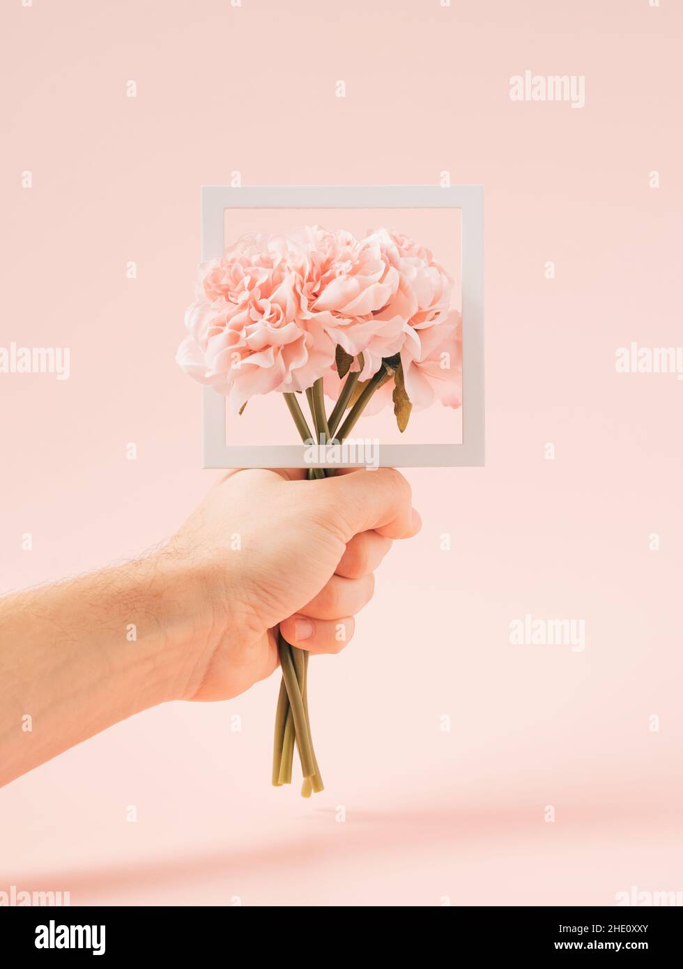 Ramo de flores artificiales con marco cuadrado sobre fondo rosa pastel.  Concepto mínimo del amor virtual Fotografía de stock - Alamy