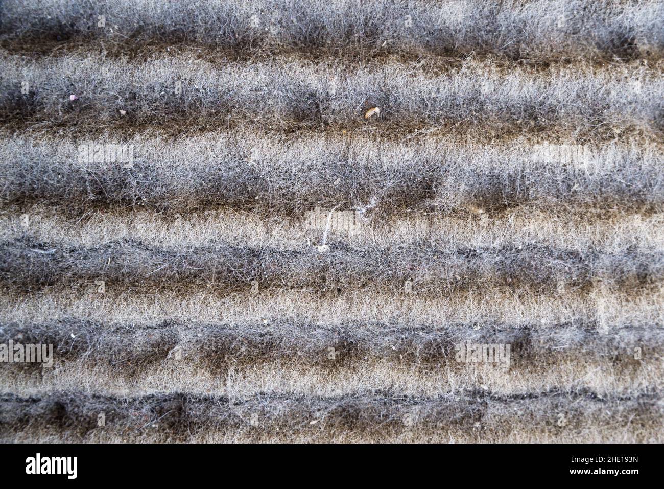 detalle de un filtro de aire muy sucio obstruido con pelo y polvo Foto de stock