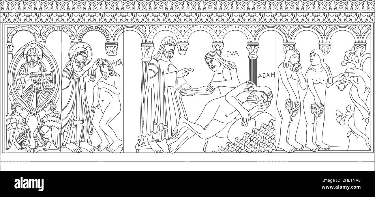 Románico bajorrelieve de la catedral de Módena, Italia, ciclo de génesis, esbozar ilustración vectorial sobre el fondo blanco, Patrimonio de la Humanidad de la Unesco Ilustración del Vector
