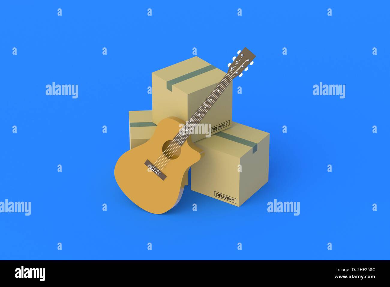 Cajas de cartón cerca de la guitarra acústica. Venta, compra de instrumentos  musicales. Envío rápido. Espacio de copia. 3d renderizar Fotografía de  stock - Alamy