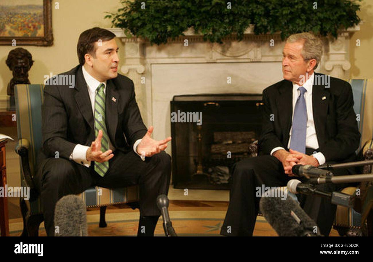 Saakashvili conoce a Bush, 2008 años. Foto de stock