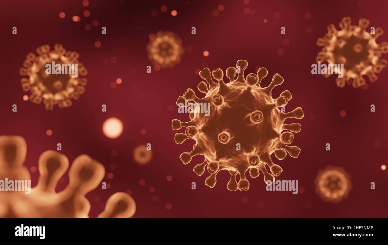 COVID-19 El virus de la corona con glicoproteína en espículas flotan en el aire . Fondo de color rojo oscuro . 3D Representación . Foto de stock