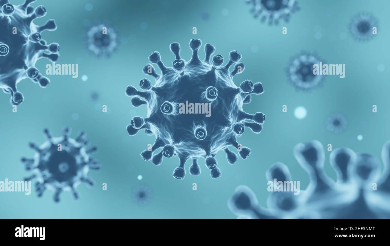 COVID-19 El virus de la corona con glicoproteína en espículas flotan en el aire . Fondo de color azul . 3D Representación . Foto de stock