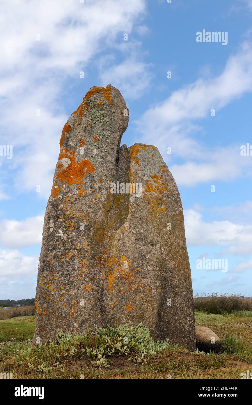 Menhir de Toeno - monumento megalítico - menhir solitario en la costa de Trebeurden en Bretaña, Francia Foto de stock