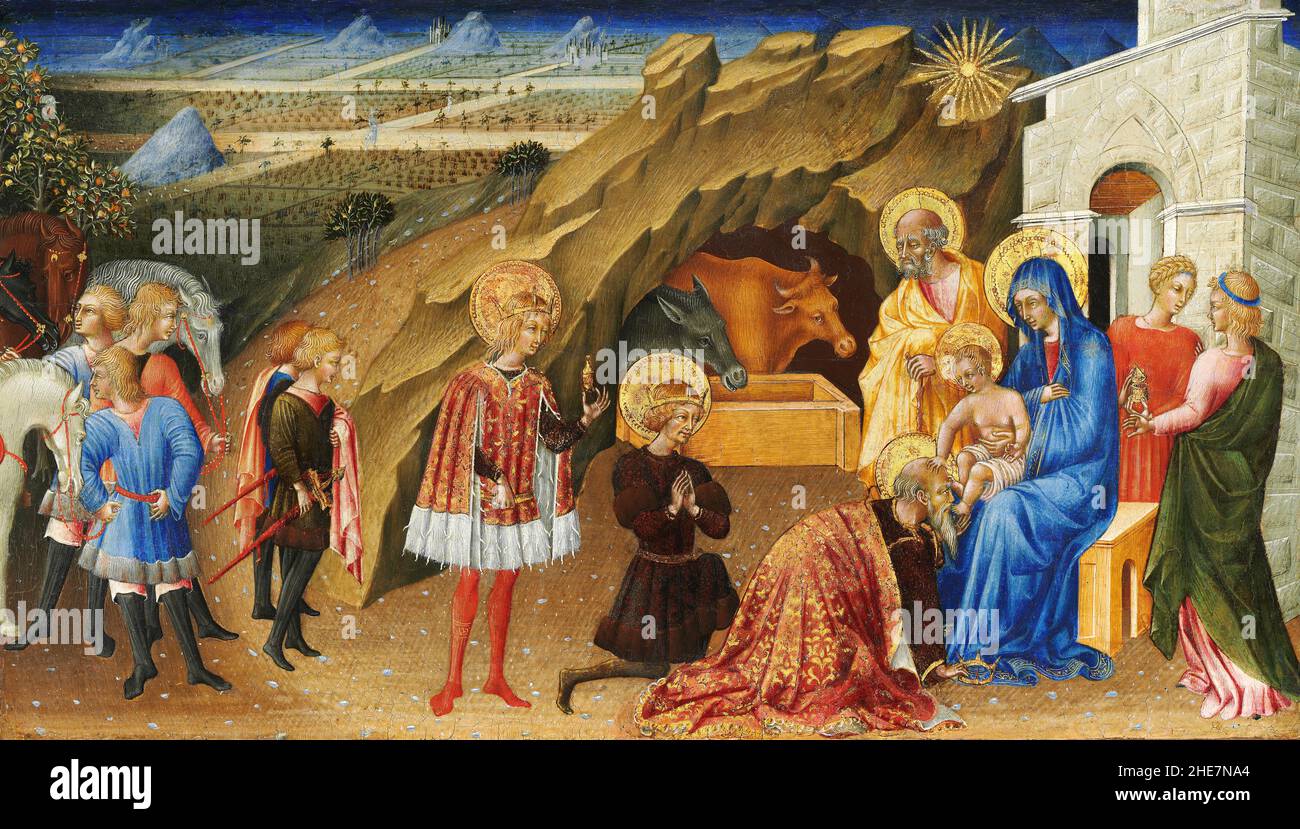 La Adoración de los Magos por el artista italiano Giovanni di Paolo di Grazia (c. 1403–1482), temperatura en el panel, c. 1450 Foto de stock